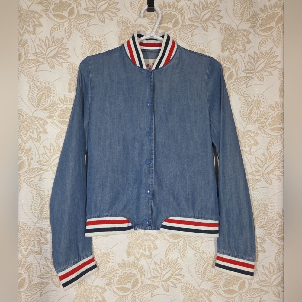 MOSSIMO SUPPLY CO Womens Chambray Denim Bomber Jacket XS Snap Button Pockets EUC - Picture 2 of 10